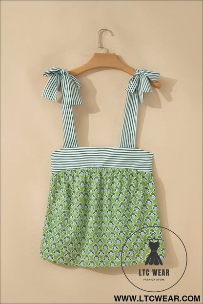 Green Floral Printed Knot Straps Babydoll Tank Top - L.T.C Wear Online Fashion Store