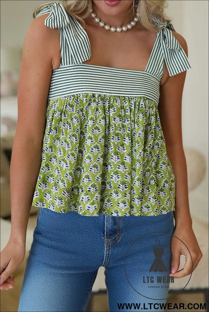 Green Floral Printed Knot Straps Babydoll Tank Top - L.T.C Wear Online Fashion Store
