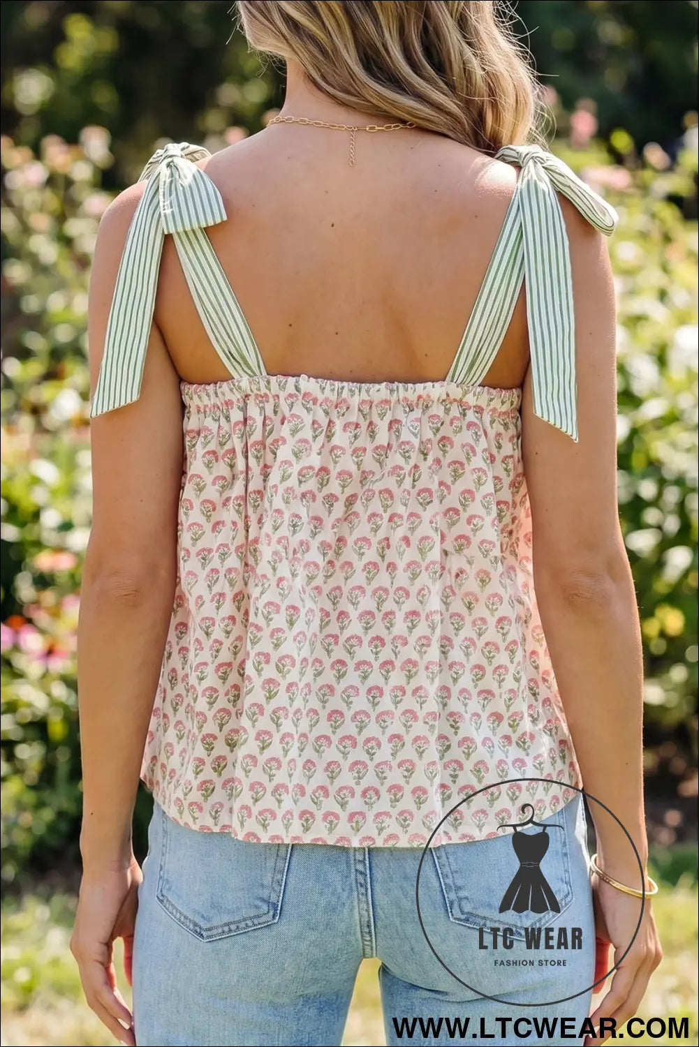 Green Floral Printed Knot Straps Babydoll Tank Top - L.T.C Wear Online Fashion Store