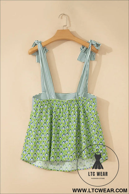 Green Floral Printed Knot Straps Babydoll Tank Top - L.T.C Wear Online Fashion Store