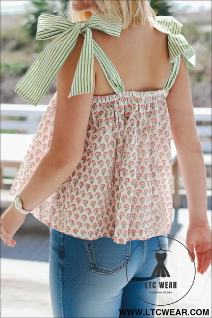 Green Floral Printed Knot Straps Babydoll Tank Top - L.T.C Wear Online Fashion Store