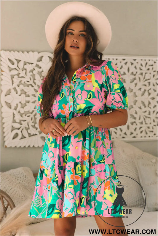 Green Floral Puff Sleeve Collar Buttoned Babydoll Dress - L.T.C Wear Online Fashion Store
