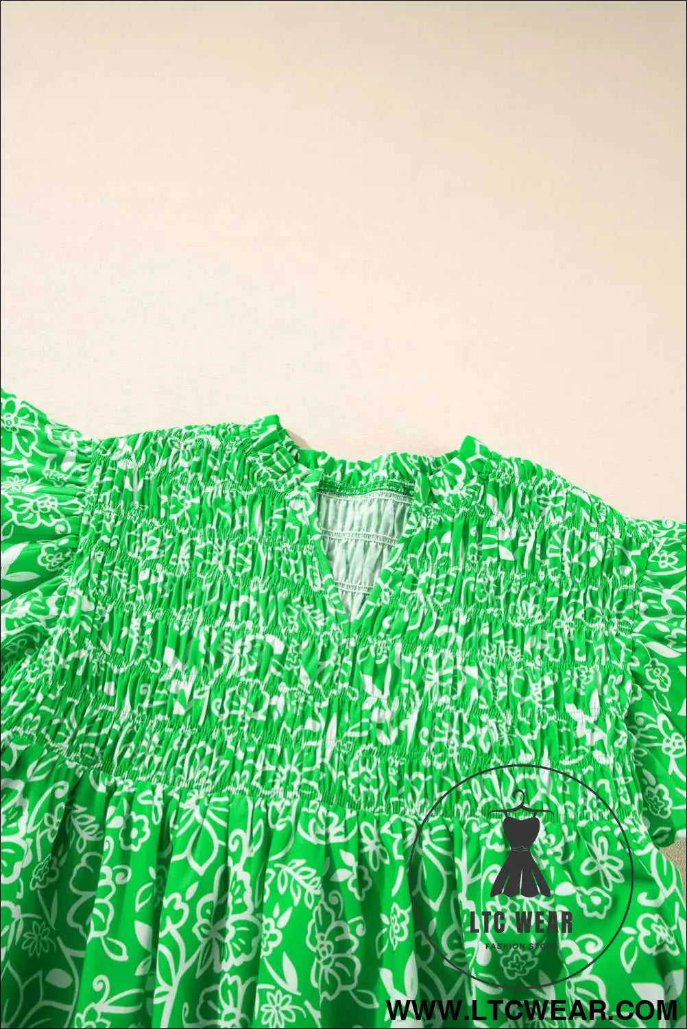 Green Floral Smocked Boho Plus Size Blouse