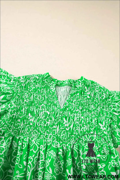 Green Floral Smocked Boho Plus Size Blouse