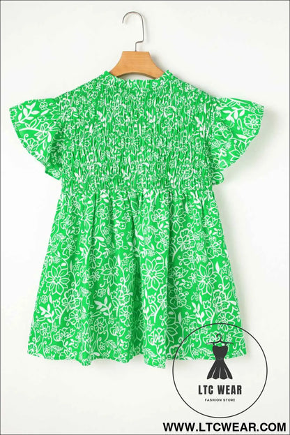 Green Floral Smocked Boho Plus Size Blouse
