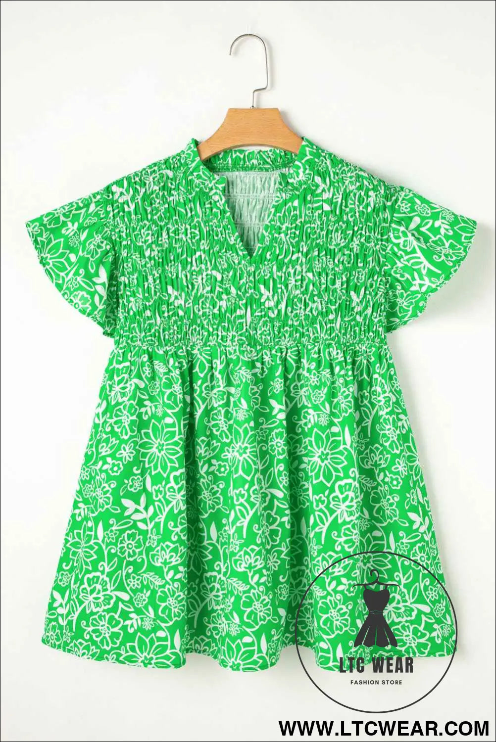 Green Floral Smocked Boho Plus Size Blouse