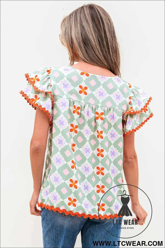 Green Geometric Floral Print Layered Flutter Sleeve V Neck Ric Rac Trim Blouse