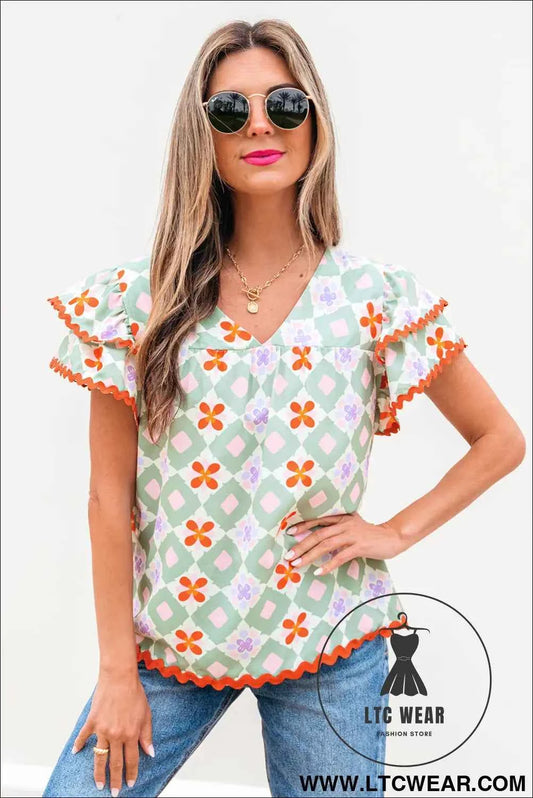 Green Geometric Floral Print Layered Flutter Sleeve V Neck Ric Rac Trim Blouse