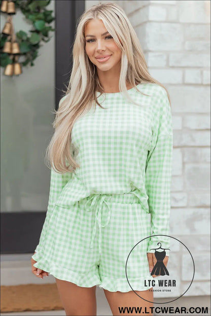 Green Gingham Long Sleeve Loose Top Drawstring Shorts 2pcs Lounge Set - L.T.C Wear Online Fashion Store