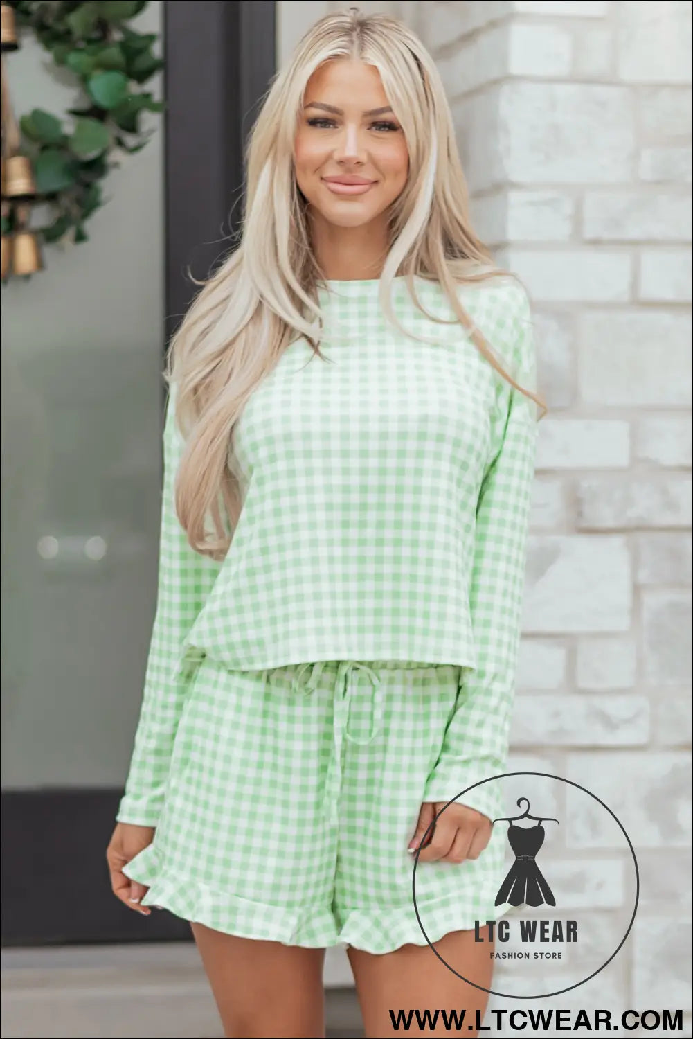 Green Gingham Long Sleeve Loose Top Drawstring Shorts 2pcs Lounge Set - L.T.C Wear Online Fashion Store