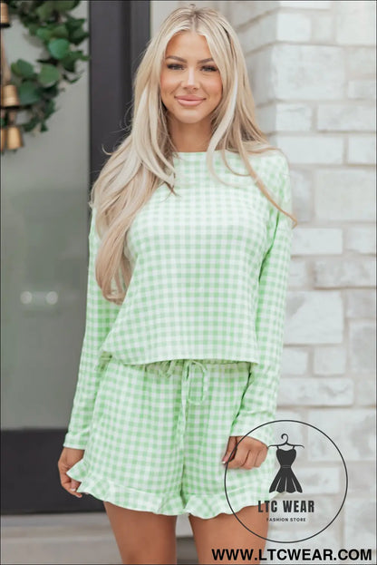 Green Gingham Long Sleeve Loose Top Drawstring Shorts 2pcs Lounge Set - L.T.C Wear Online Fashion Store