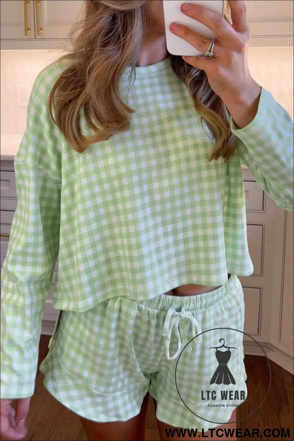 Green Gingham Long Sleeve Loose Top Drawstring Shorts 2pcs Lounge Set