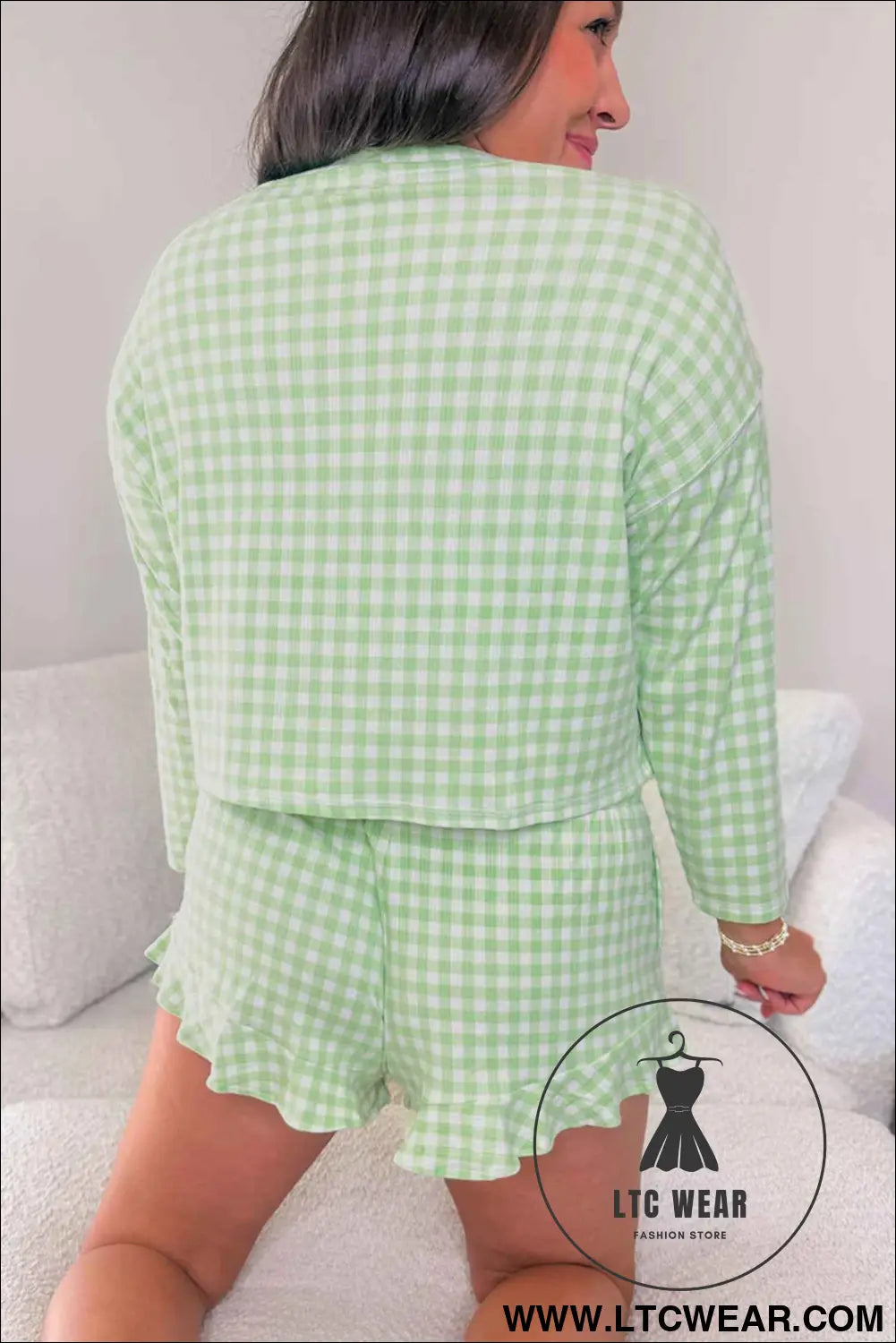 Green Gingham Long Sleeve Loose Top Drawstring Shorts 2pcs Lounge Set
