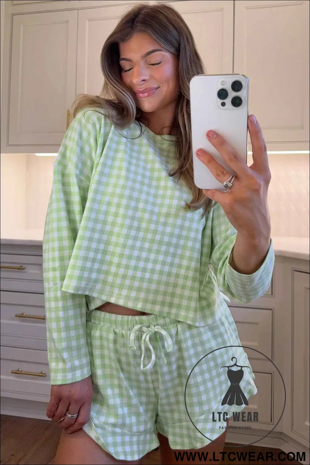 Green Gingham Long Sleeve Loose Top Drawstring Shorts 2pcs Lounge Set