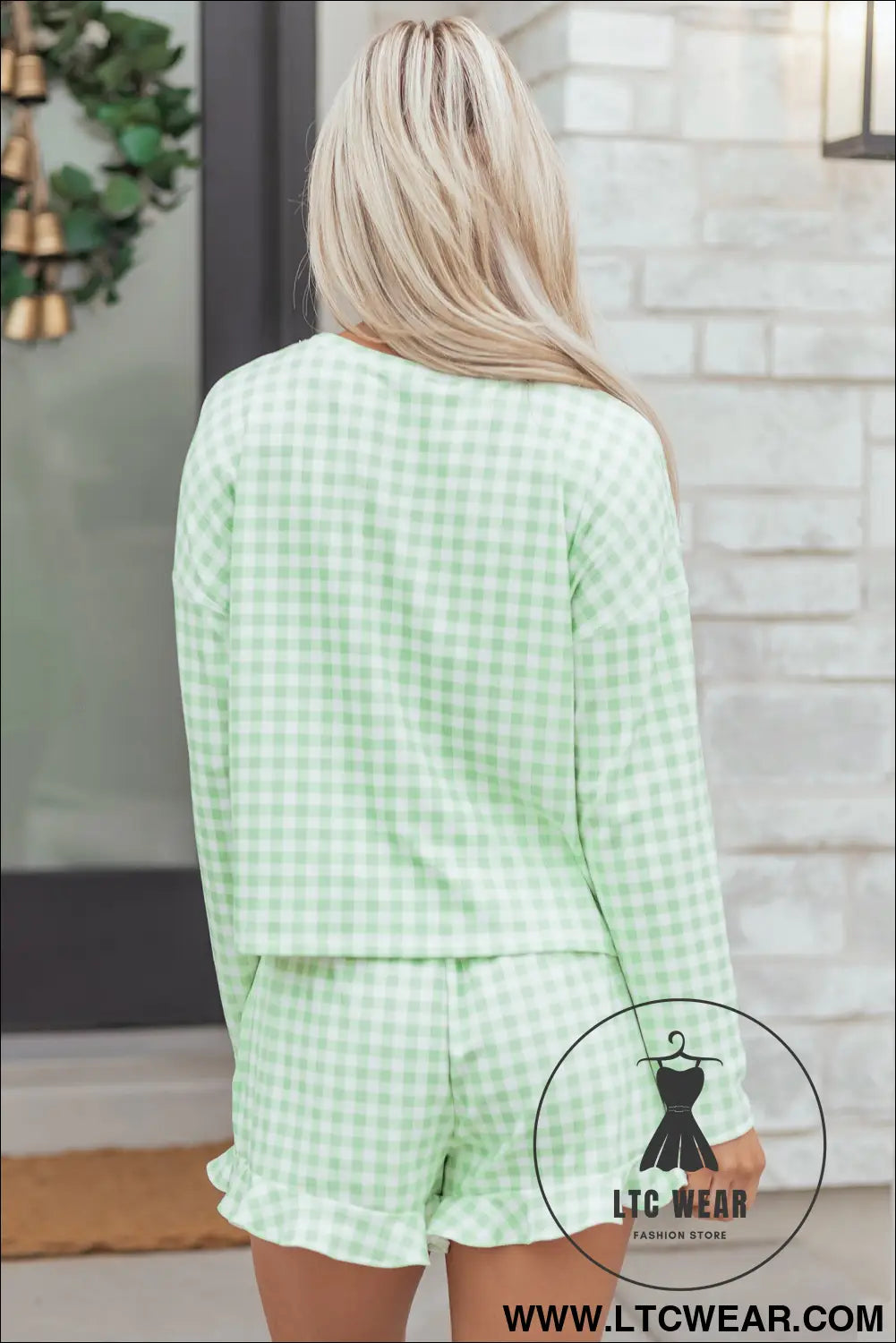 Green Gingham Long Sleeve Loose Top Drawstring Shorts 2pcs Lounge Set - L.T.C Wear Online Fashion Store