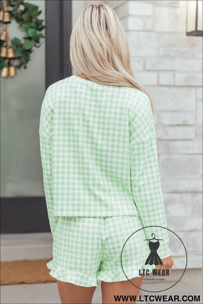 Green Gingham Long Sleeve Loose Top Drawstring Shorts 2pcs Lounge Set - L.T.C Wear Online Fashion Store