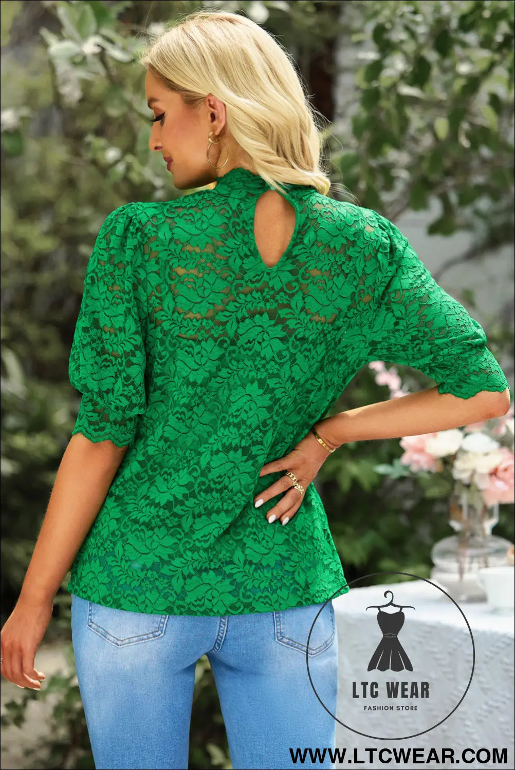 Green high neck lace short sleeve blouse - blouses & shirts