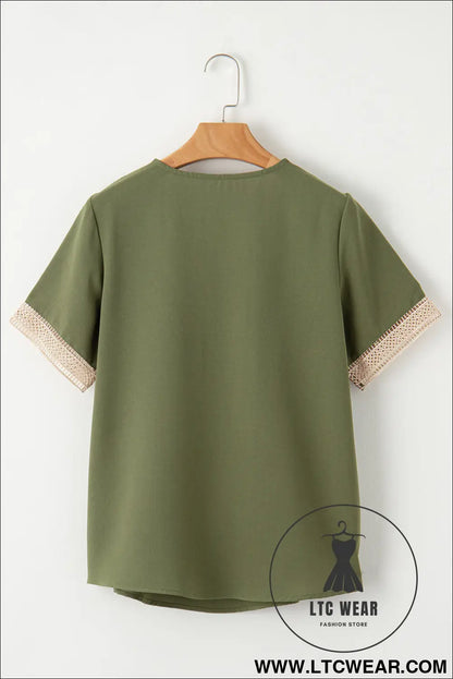 Green Lace Trim V Neck Short Sleeve Blouse - L.T.C Wear Online Fashion Store