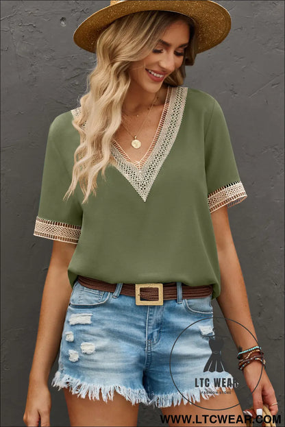 Green Lace Trim V Neck Short Sleeve Blouse - L.T.C Wear Online Fashion Store
