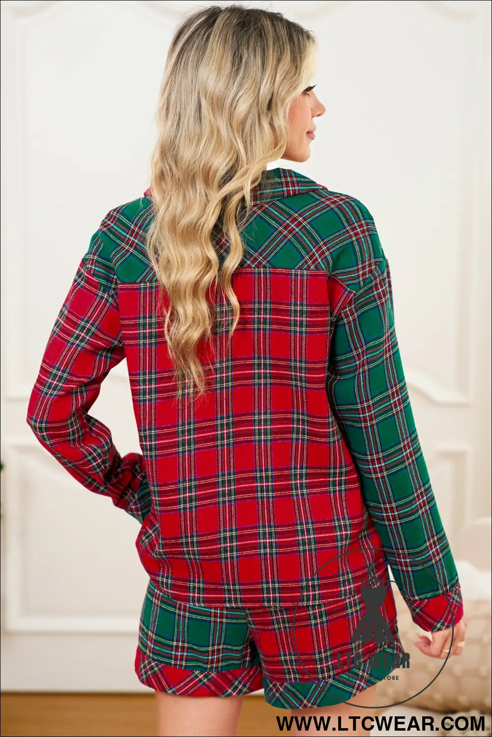 Green Plaid Christmas Holiday Patchwork Long Sleeve Shirt and Shorts Pajama Set - L.T.C Wear Online Fashion Store