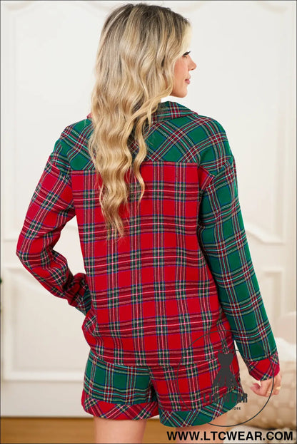 Green Plaid Christmas Holiday Patchwork Long Sleeve Shirt and Shorts Pajama Set - L.T.C Wear Online Fashion Store
