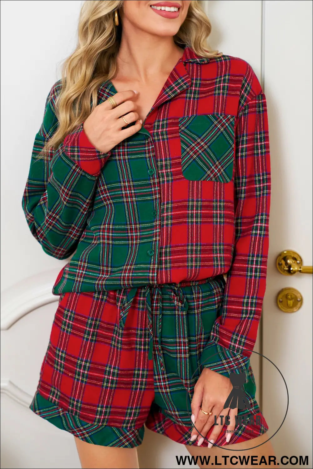 Green Plaid Christmas Holiday Patchwork Long Sleeve Shirt and Shorts Pajama Set - L.T.C Wear Online Fashion Store