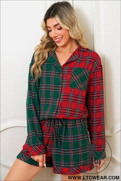 Green Plaid Christmas Holiday Patchwork Long Sleeve Shirt and Shorts Pajama Set - L.T.C Wear Online Fashion Store