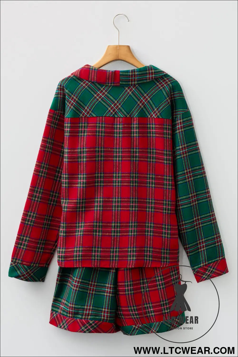 Green Plaid Christmas Holiday Patchwork Long Sleeve Shirt and Shorts Pajama Set - L.T.C Wear Online Fashion Store