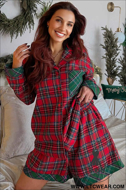 Green Plaid Christmas Holiday Patchwork Long Sleeve Shirt and Shorts Pajama Set