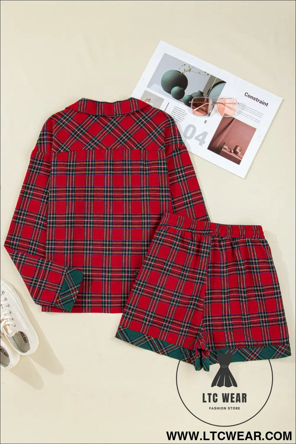 Green Plaid Christmas Holiday Patchwork Long Sleeve Shirt and Shorts Pajama Set - L.T.C Wear Online Fashion Store