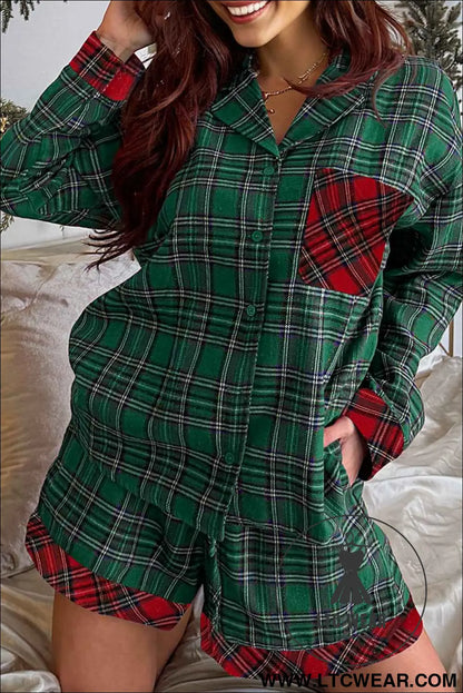 Green Plaid Christmas Holiday Patchwork Long Sleeve Shirt and Shorts Pajama Set