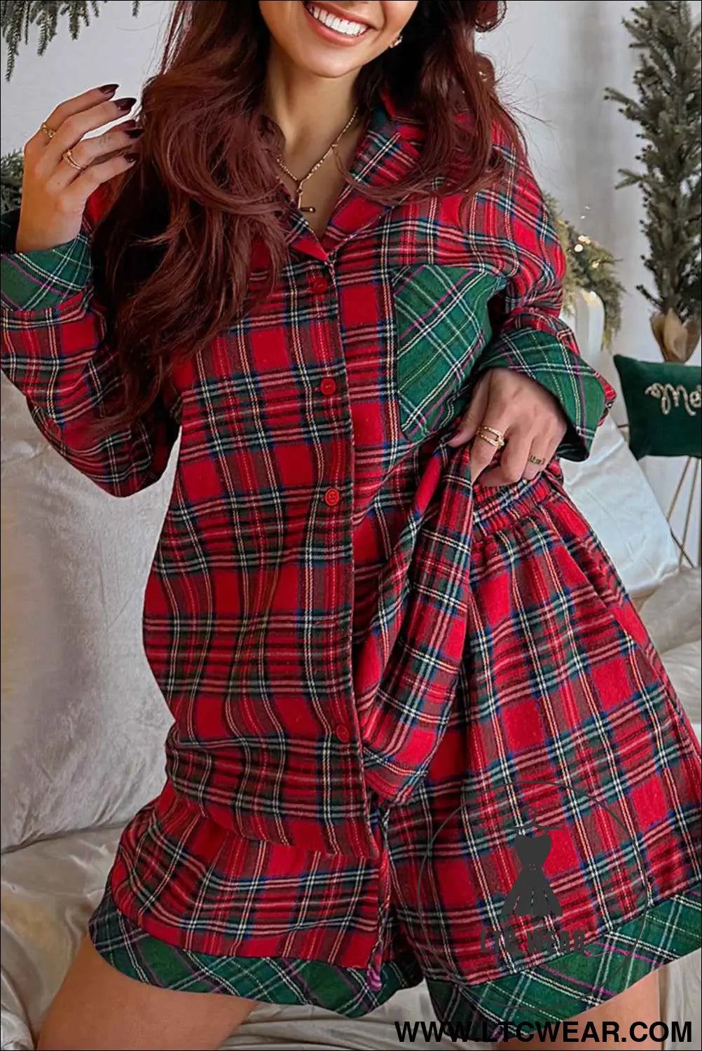 Green Plaid Christmas Holiday Patchwork Long Sleeve Shirt and Shorts Pajama Set