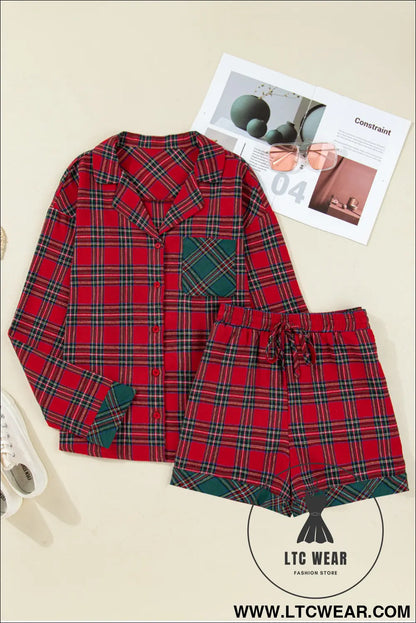 Green Plaid Christmas Holiday Patchwork Long Sleeve Shirt and Shorts Pajama Set - L.T.C Wear Online Fashion Store