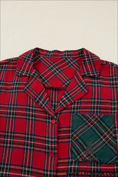 Green Plaid Christmas Holiday Patchwork Long Sleeve Shirt and Shorts Pajama Set - L.T.C Wear Online Fashion Store
