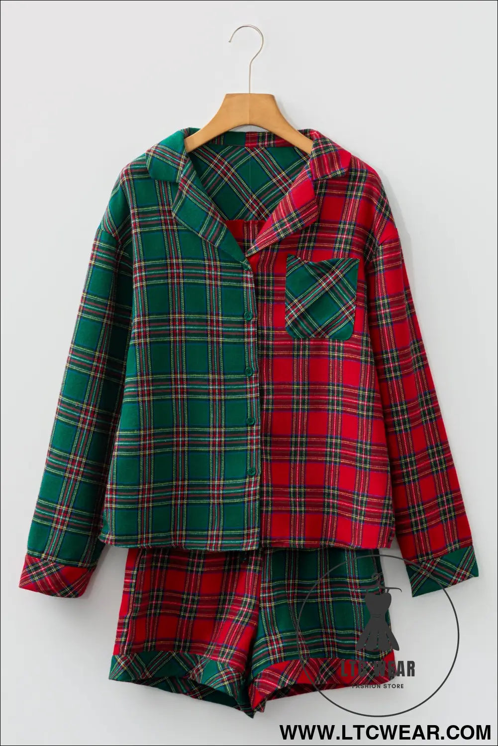 Green Plaid Christmas Holiday Patchwork Long Sleeve Shirt and Shorts Pajama Set - L.T.C Wear Online Fashion Store