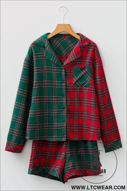 Green Plaid Christmas Holiday Patchwork Long Sleeve Shirt and Shorts Pajama Set - L.T.C Wear Online Fashion Store