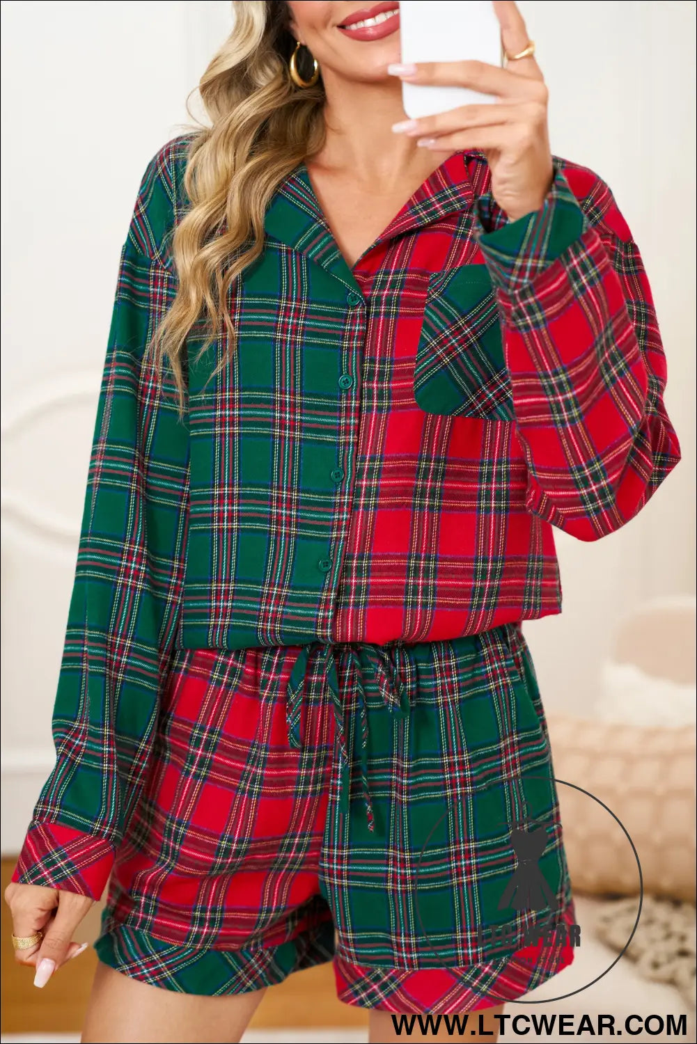 Green Plaid Christmas Holiday Patchwork Long Sleeve Shirt and Shorts Pajama Set - L.T.C Wear Online Fashion Store
