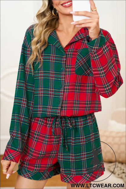 Green Plaid Christmas Holiday Patchwork Long Sleeve Shirt and Shorts Pajama Set - L.T.C Wear Online Fashion Store