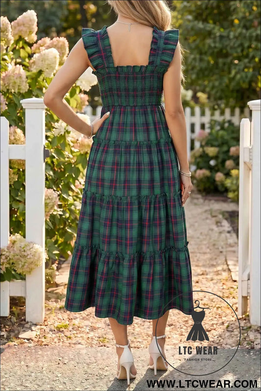 Green Plaid Ruffle Sleeveless Shirred Bodice Tiered Midi Dress