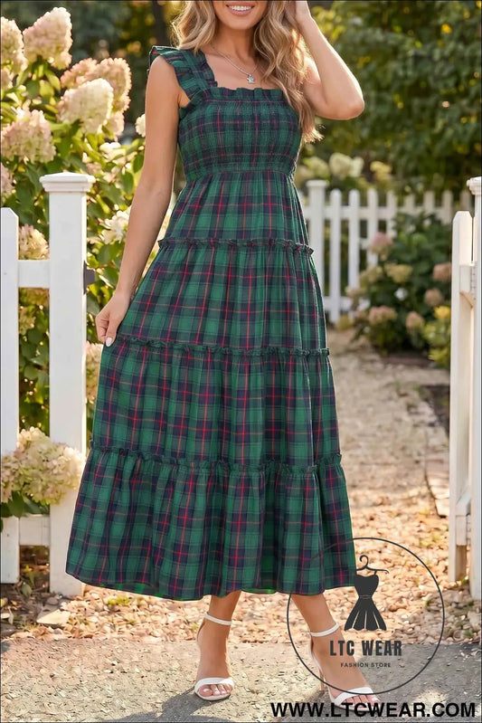 Green Plaid Ruffle Sleeveless Shirred Bodice Tiered Midi Dress