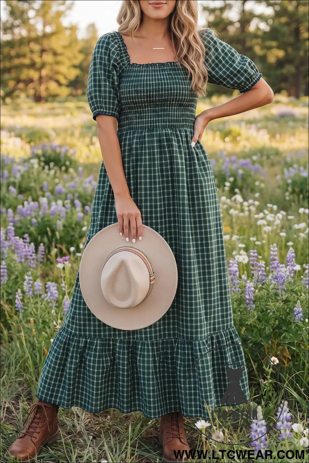 Green plaid square neck shirred high waist ruffle hem dress - green / l / 100% cotton - maxi dresses