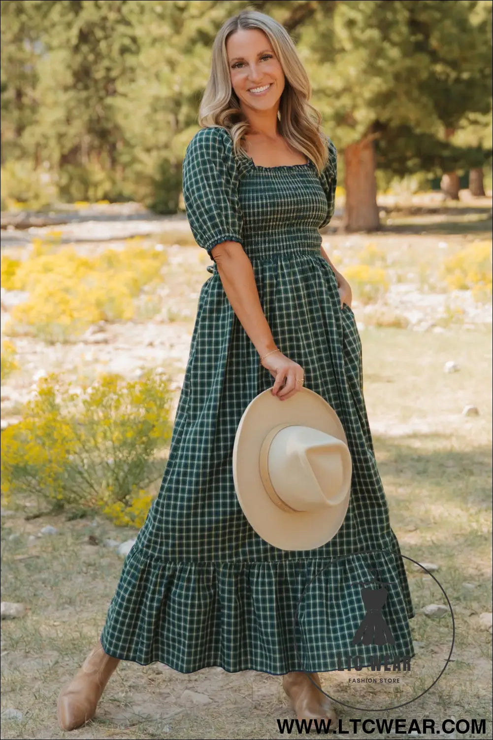 Green plaid square neck shirred high waist ruffle hem dress - maxi dresses
