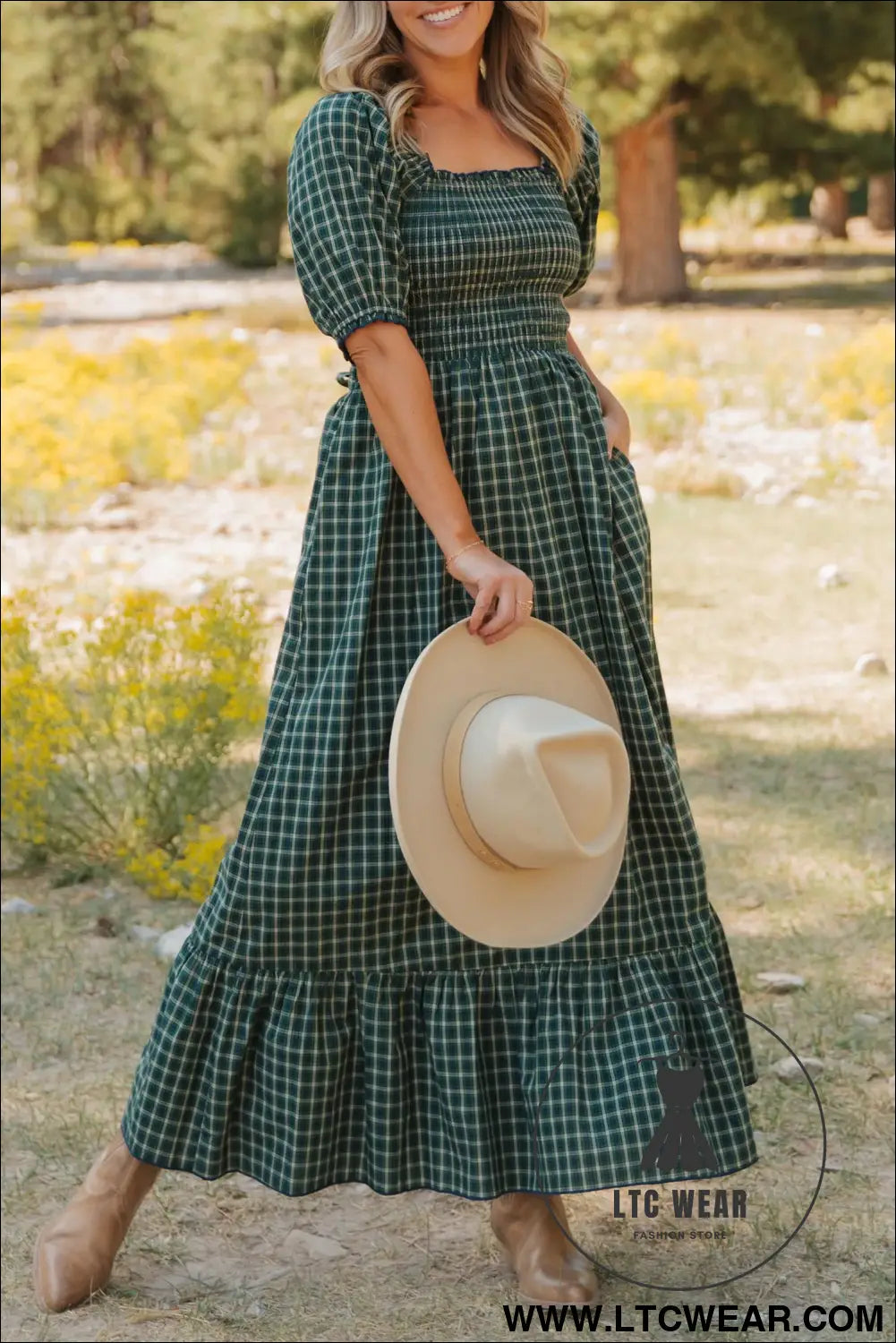 Green plaid square neck shirred high waist ruffle hem dress - maxi dresses