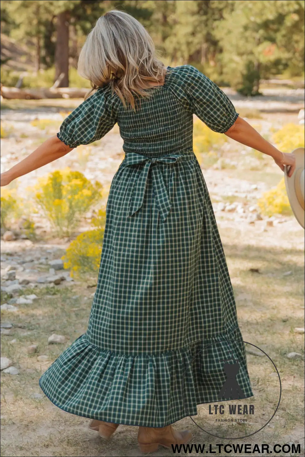 Green plaid square neck shirred high waist ruffle hem dress - maxi dresses