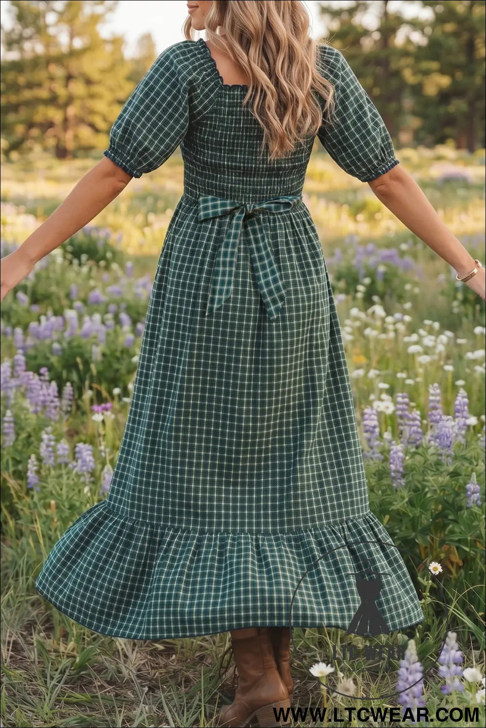 Green plaid square neck shirred high waist ruffle hem dress - maxi dresses