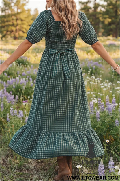 Green plaid square neck shirred high waist ruffle hem dress - maxi dresses