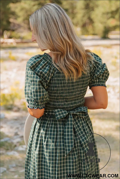 Green plaid square neck shirred high waist ruffle hem dress - maxi dresses
