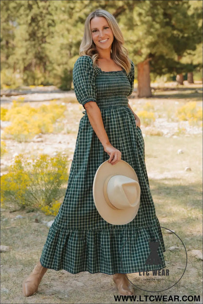 Green plaid square neck shirred high waist ruffle hem dress - maxi dresses