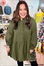 Green plus size long sleeve ruffle hem mini shirt dress - plus size dresses