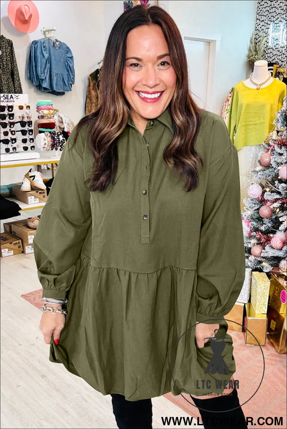 Green plus size long sleeve ruffle hem mini shirt dress - plus size dresses